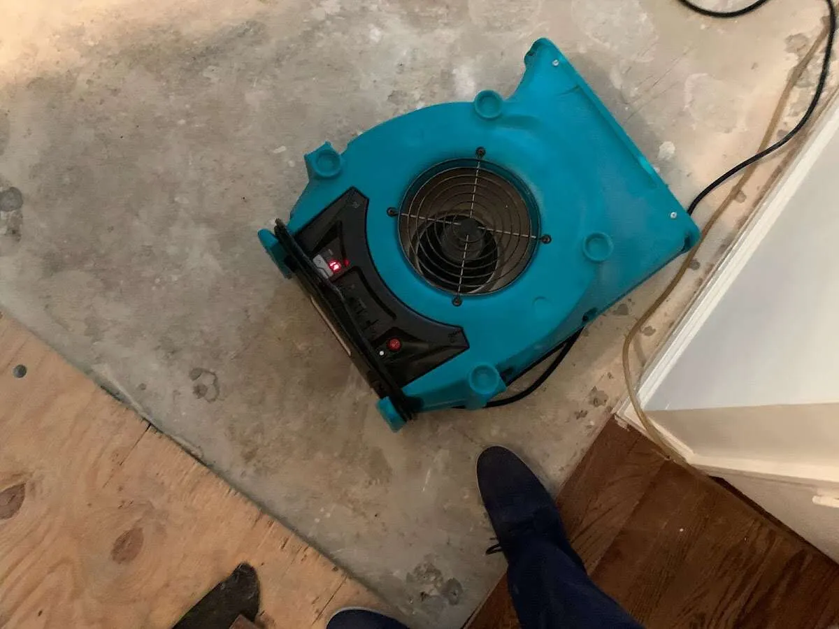Air mover drying subfloor during Leak Detection & Repair in Madisonville